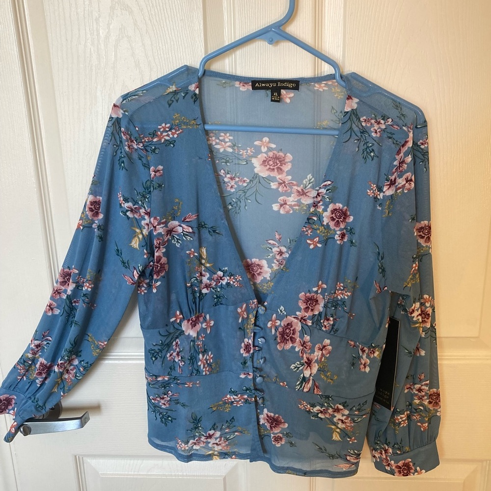 XL Always Indigo sheer blouse new with tags